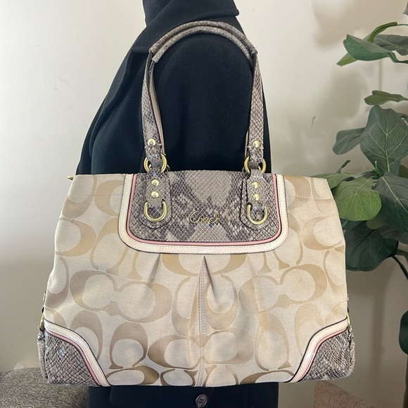 Coach Beige Signature Canvas And Python Embossed Leather Ashley Tote - Picture 1 of 16